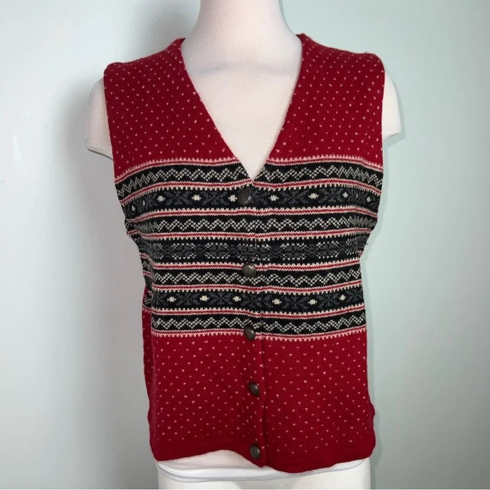Eddie Bauer Red Fair Isle 100% Wool Sweater Vest Size M
